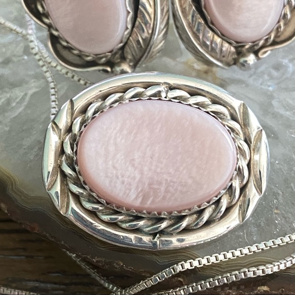 Vintage Pink Shell clip earrings & pin/necklace  Sterling 925 signed - Picture 5 of 11